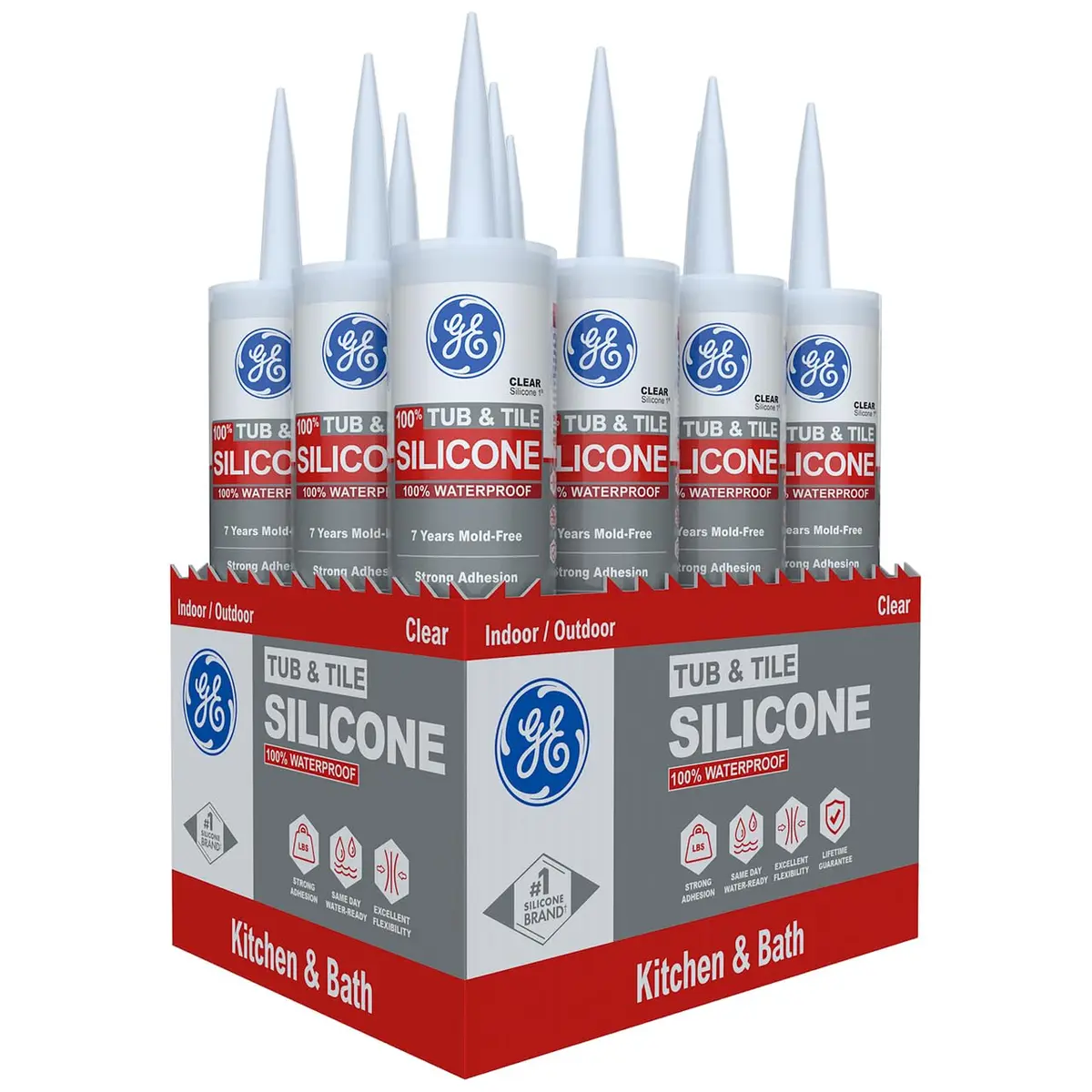 GE Silicone Tub & Tile Caulk for Kitchen & Bath, Clear, 10.1 fl oz | Waterproof & Flexible Sealant - main product image