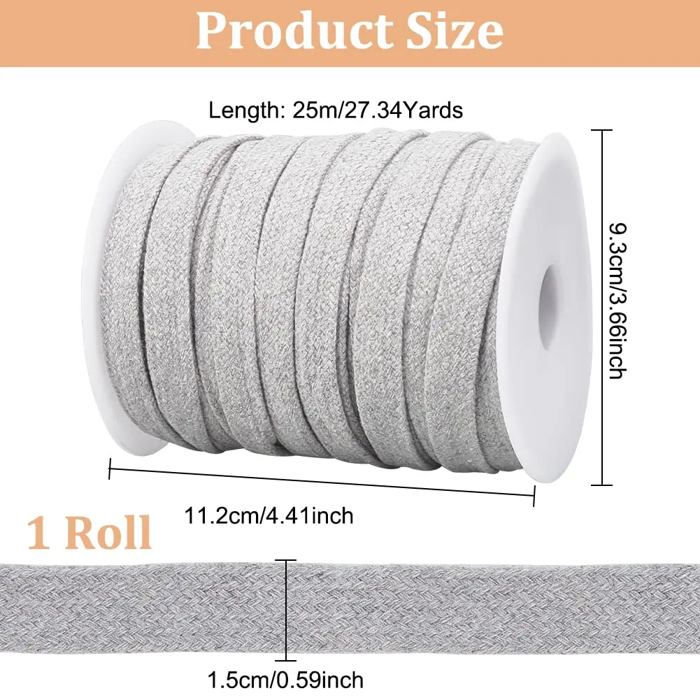 BENECREAT 27 Yards Light Grey Flat Cotton Cord 15mm | Durable Garment & DIY Drawstring - view 2