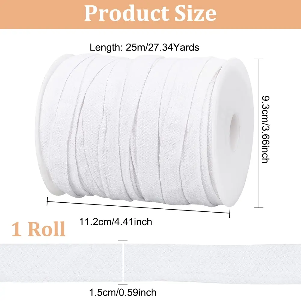 BENECREAT 27 Yards White Flat Cotton Cord | 5/8 inch Wide Hollow Drawstring for Garment & Crafts - view 2