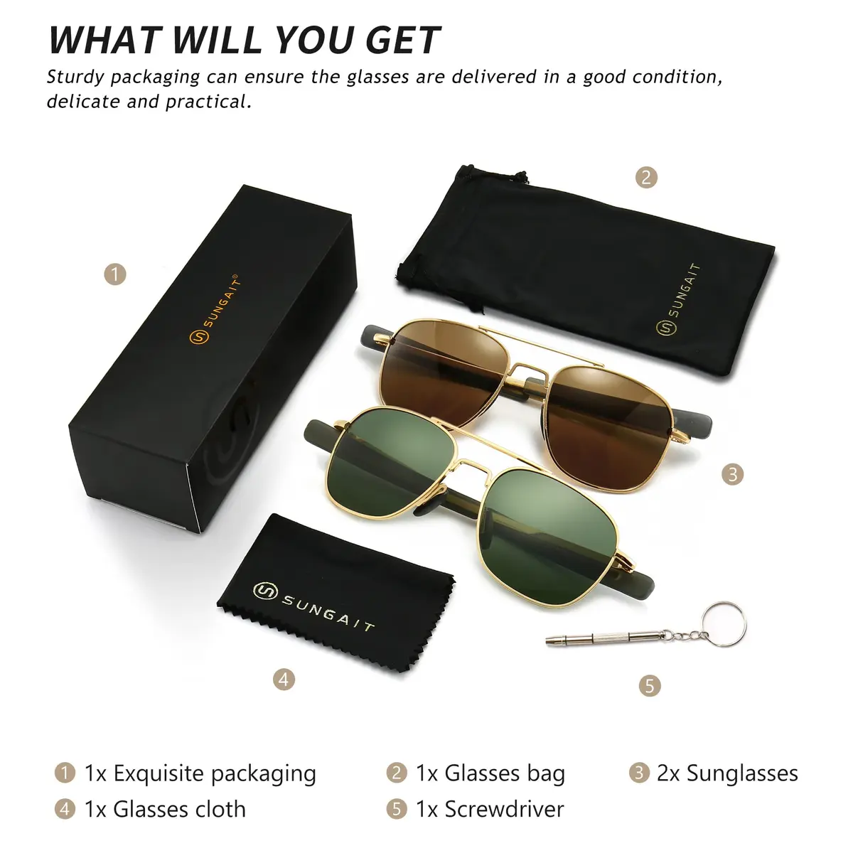 SUNGAIT Men's Military Style Polarized Pilot Aviator Sunglasses Bayonet Temples | HD UVA/UVB Protection (70-120 chars) - view 6