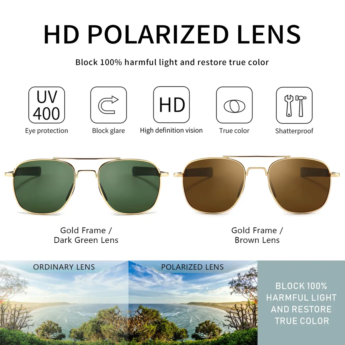 SUNGAIT Men's Military Style Polarized Pilot Aviator Sunglasses Bayonet Temples | HD UVA/UVB Protection (70-120 chars) - view 2