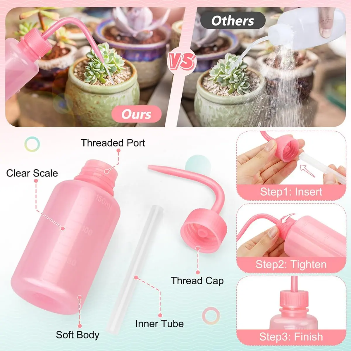 Valchoose Pink LDPE Squeeze Wash Bottle 150ml (5.1oz) | Bent Nozzle for Precision Watering & Lab Use - view 2