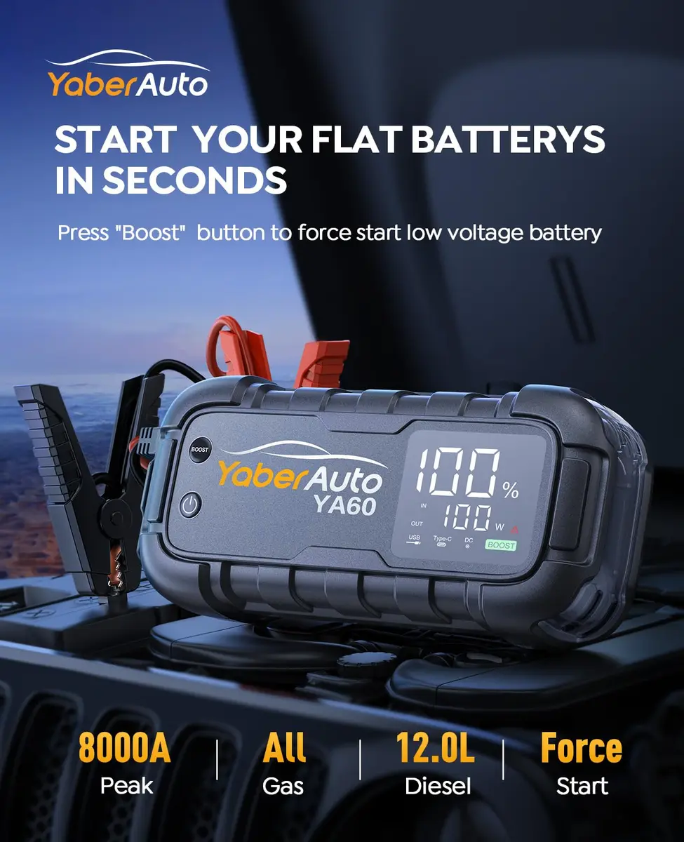 YaberAuto Jump Starter 8000A 99Wh | 65W Fast Charging for All Gas/12.0L Diesel - view 2