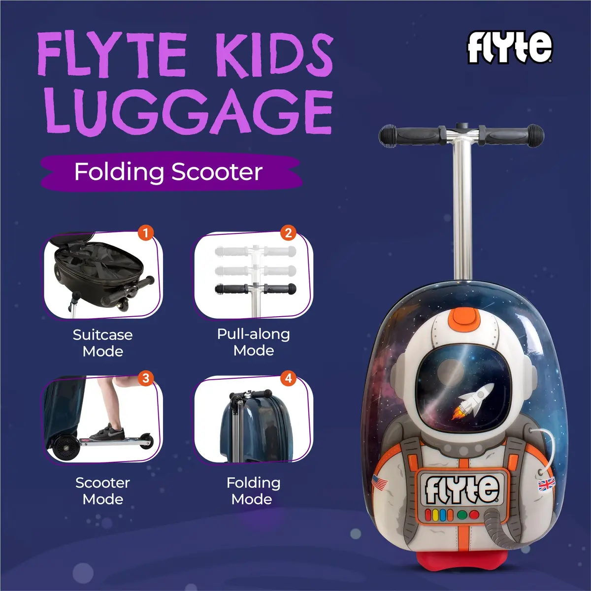 Flyte Scooter Suitcase Folding Kids Luggage 18" Sammie the Spaceman | 25 Litre Capacity with Ride On & Wheels - view 2