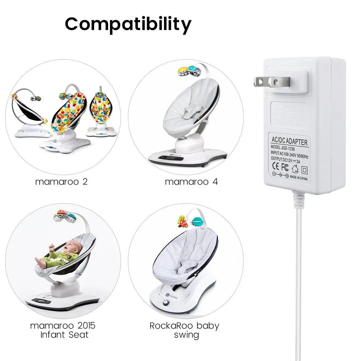 YEAOI 10ft Power Cord for 4moms mamaRoo 4 | 12V 3A Baby Swing Charger, White - view 2