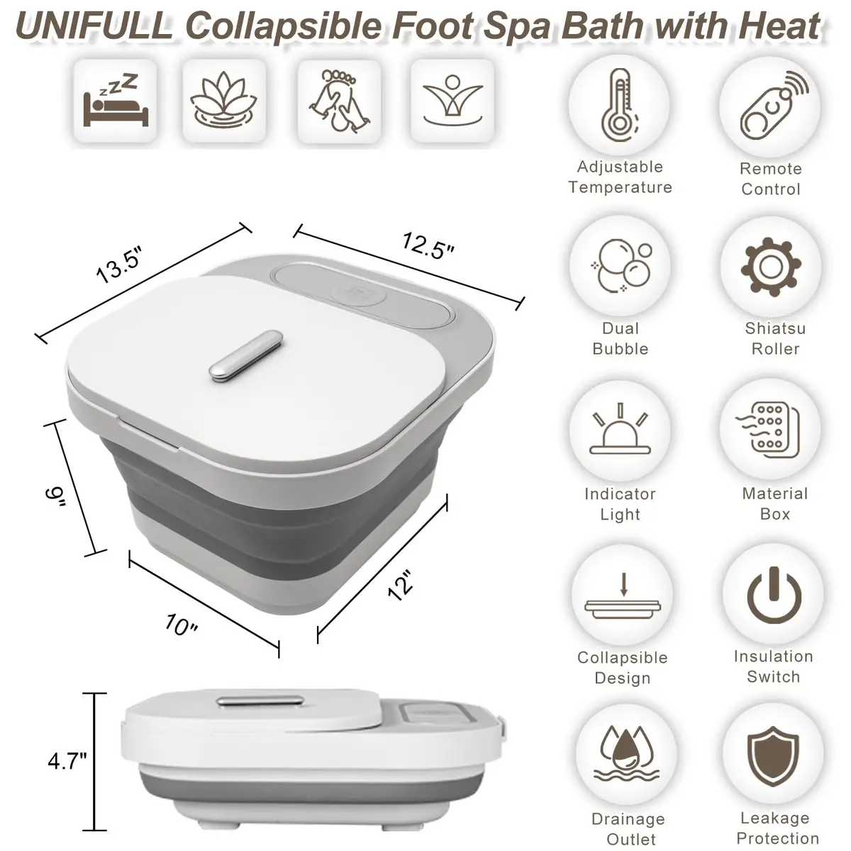 UNIFULL Collapsible Foot Spa Bath with Heat, Remote Control, Shiatsu Rollers & Bubble Jets for Relaxation - view 2