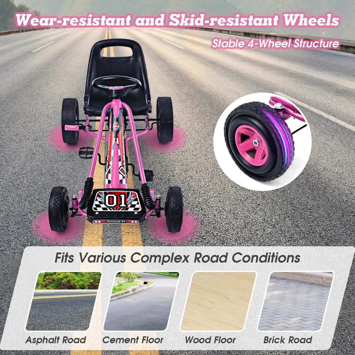 HONEY JOY Go Kart for Kids 4 Wheel Off-Road Pedal Car Pink | Adjustable Seat & Safety Brakes - view 6
