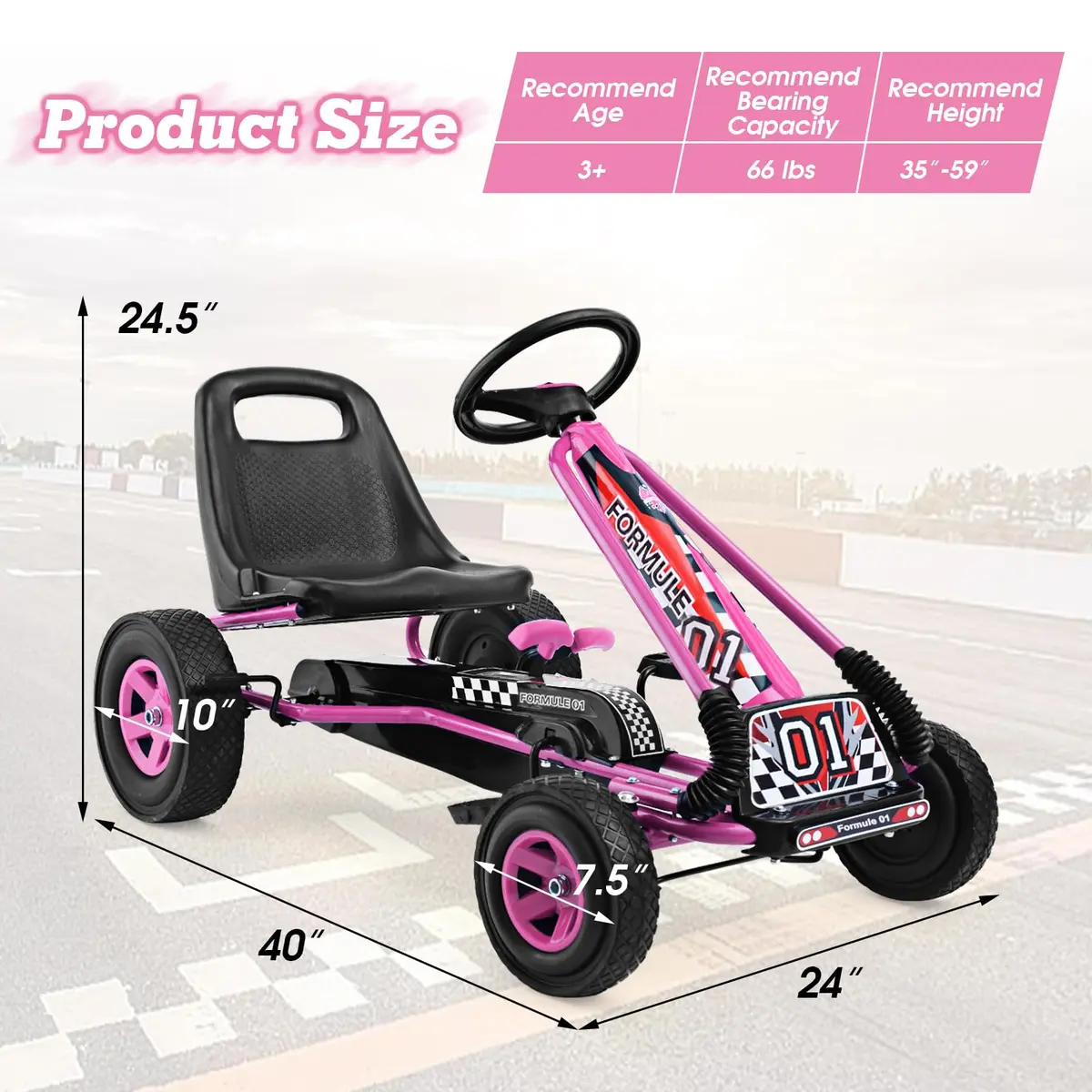 HONEY JOY Go Kart for Kids 4 Wheel Off-Road Pedal Car Pink | Adjustable Seat & Safety Brakes - view 7