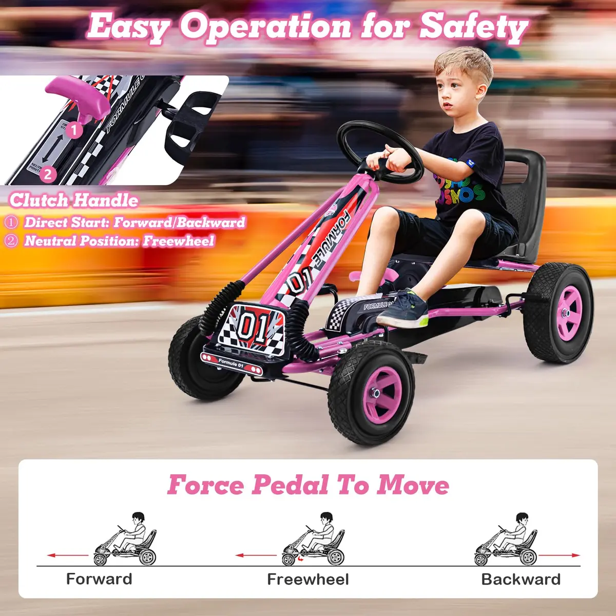 HONEY JOY Go Kart for Kids 4 Wheel Off-Road Pedal Car Pink | Adjustable Seat & Safety Brakes - view 3