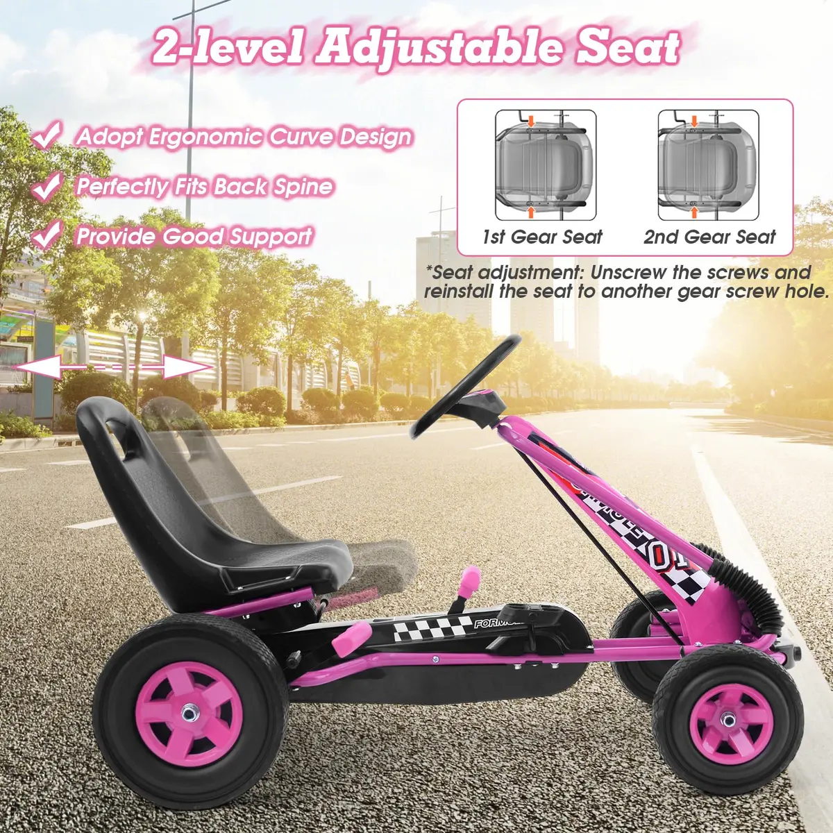 HONEY JOY Go Kart for Kids 4 Wheel Off-Road Pedal Car Pink | Adjustable Seat & Safety Brakes - view 4