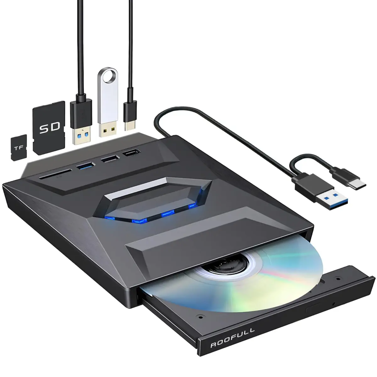 ROOFULL External CD DVD Drive with USB 3.0 Type-C Hub & SD Card Reader, 15.6cm (5.5in) | Reads & Burns CDs/DVDs, Expands Laptop Ports - main product image