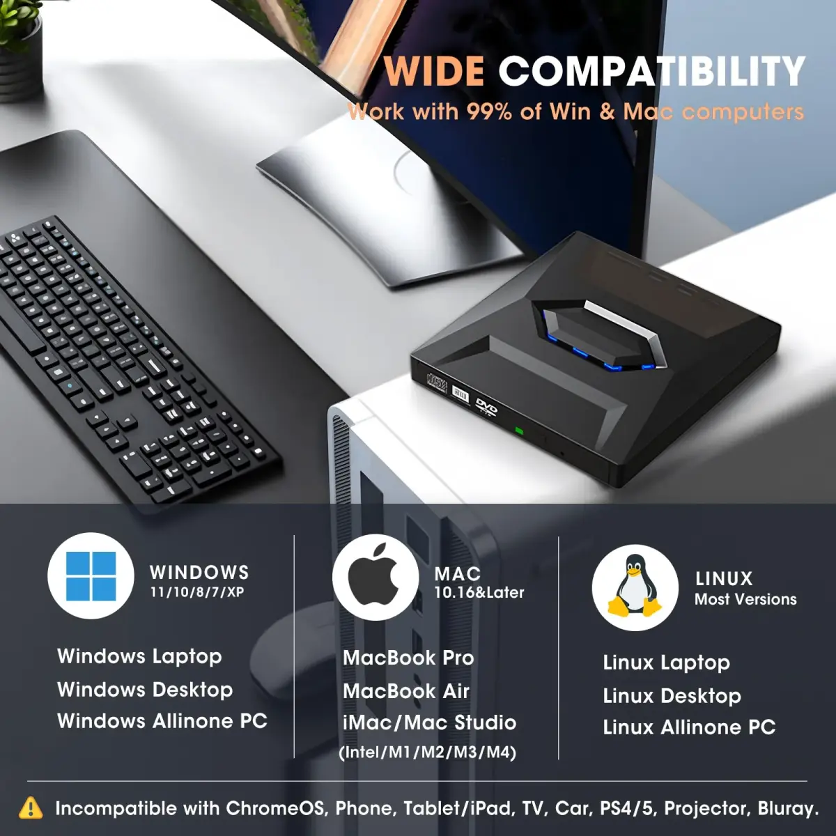 ROOFULL External CD DVD Drive with USB 3.0 Type-C Hub & SD Card Reader, 15.6cm (5.5in) | Reads & Burns CDs/DVDs, Expands Laptop Ports - view 5