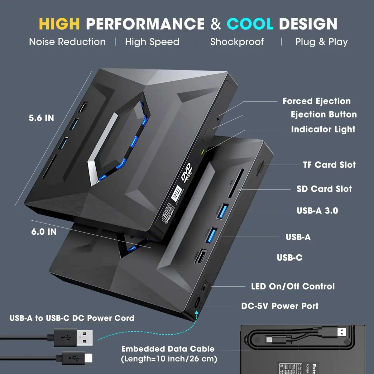 ROOFULL External CD DVD Drive with USB 3.0 Type-C Hub & SD Card Reader, 15.6cm (5.5in) | Reads & Burns CDs/DVDs, Expands Laptop Ports - view 6