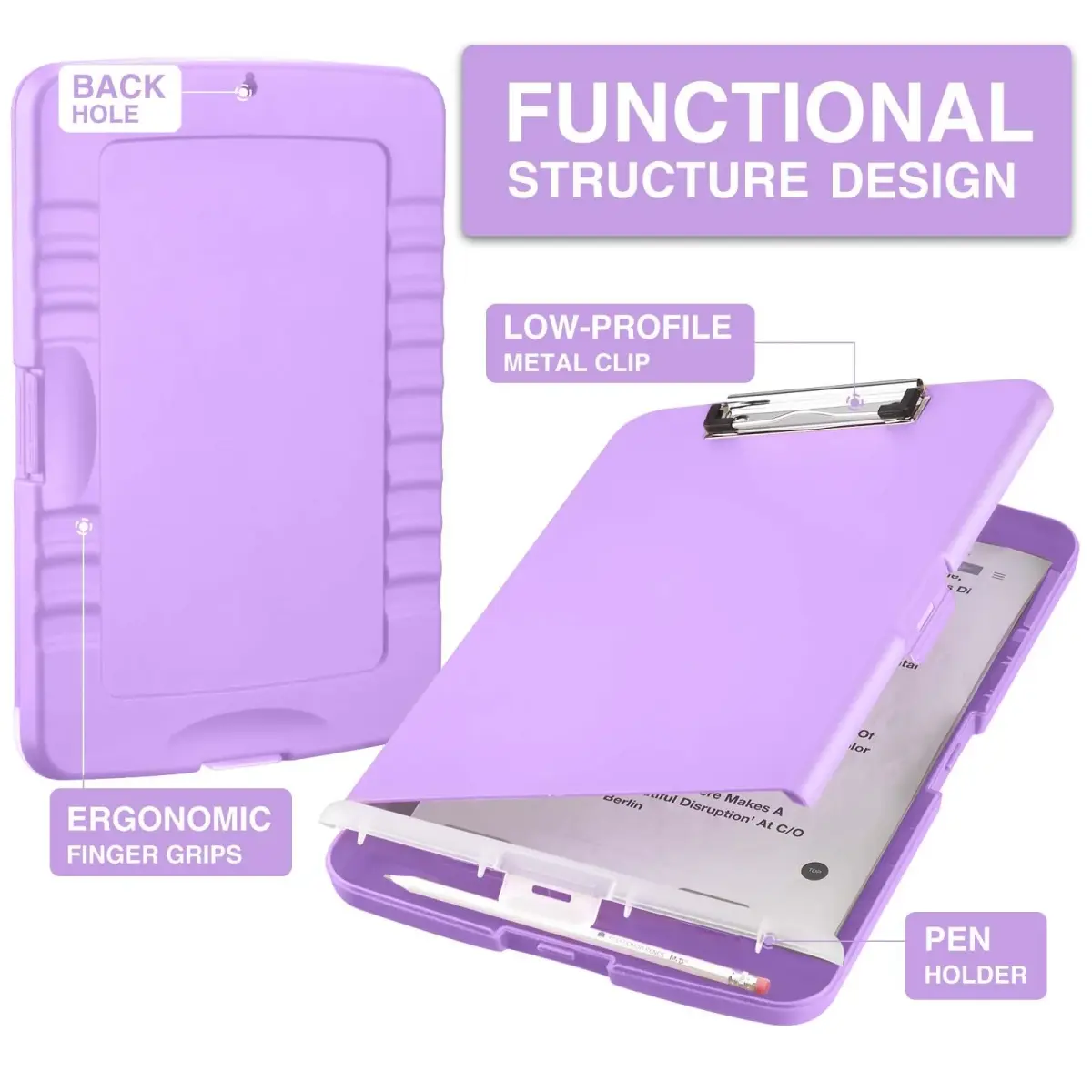 Sooez Storage Clipboard with Pen Holder, Lavender Purple, 8.5 x 11 inches | Durable Polypropylene Case for School & Office - view 2
