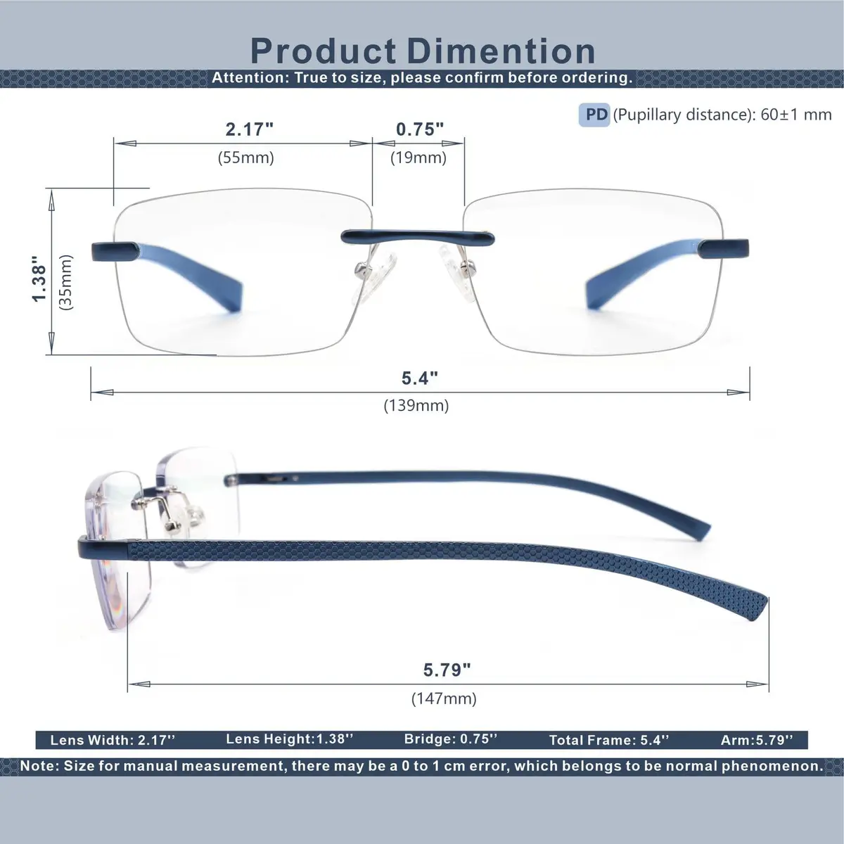 Missfive Premium Aluminum Progressive Multifocus Reading Glasses 1.75 Diopters | Blue Light Blocking, No-Line Spring Hinge Rimless Metal Readers - view 5