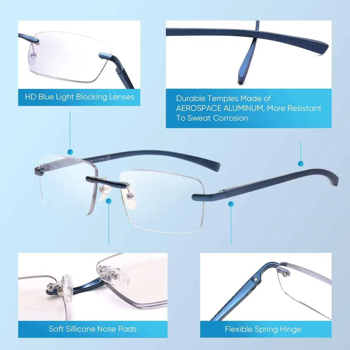 Missfive Premium Aluminum Progressive Multifocus Reading Glasses 1.75 Diopters | Blue Light Blocking, No-Line Spring Hinge Rimless Metal Readers - view 6