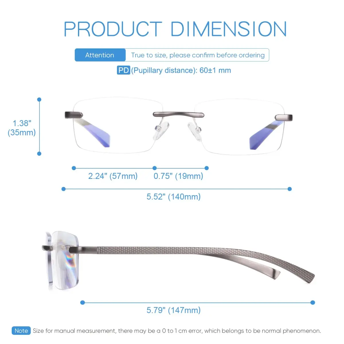 Missfive Premium Aluminum Progressive Multifocus Reading Glasses 2.25 Diopters (2.25x) | Blue Light Blocking, Rimless Metal Readers - view 5