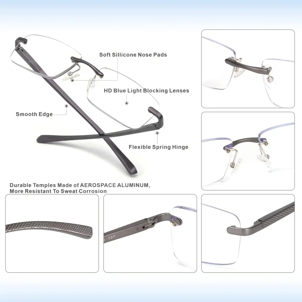 Missfive Premium Aluminum Progressive Multifocus Reading Glasses 2.25 Diopters (2.25x) | Blue Light Blocking, Rimless Metal Readers - view 6