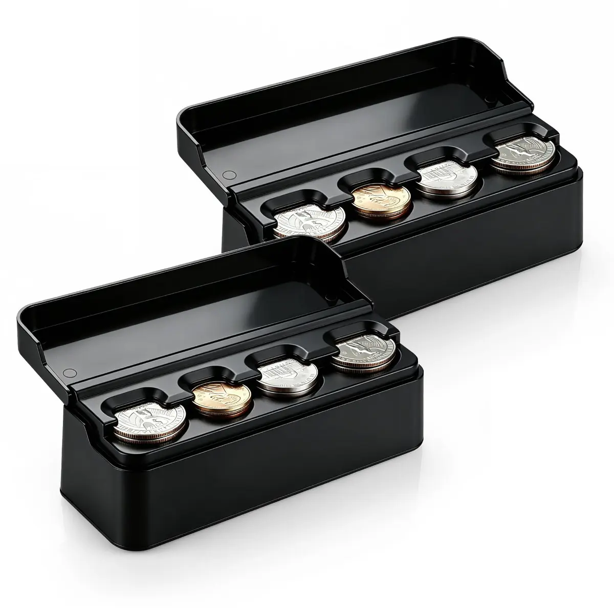 SINGARO Coin Holder for Car, Dash-Mounted Coin Organizer with 4 Slots, 2-Pack Black | Fits Most Cars & Trucks - main product image