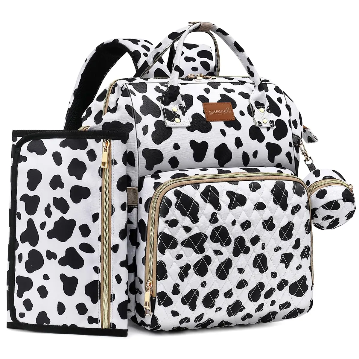 ROSEGIN Diaper Bag Backpack with Changing Pad, Pacifier Case, Baby Bag for Boy Girl Toddler - Large, Stylish, Waterproof Travel Quilted Diaper Bag for Mom - Baby Shower Registry - Cow Print - main product image