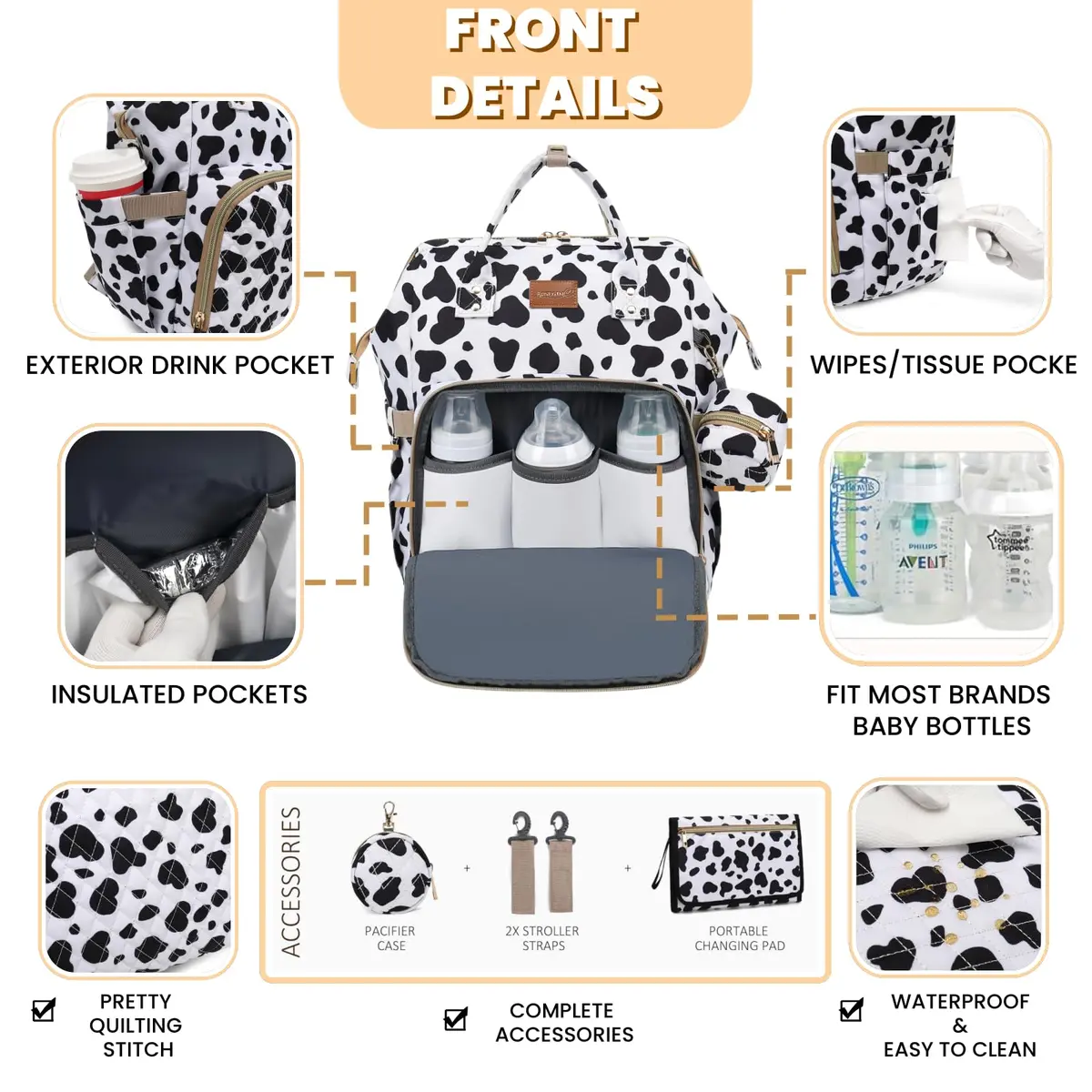 ROSEGIN Diaper Bag Backpack with Changing Pad, Pacifier Case, Baby Bag for Boy Girl Toddler - Large, Stylish, Waterproof Travel Quilted Diaper Bag for Mom - Baby Shower Registry - Cow Print - view 3