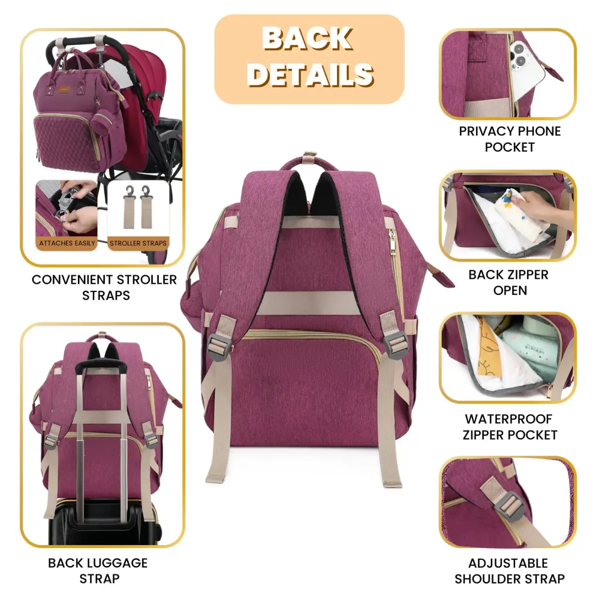 ROSEGIN Large Diaper Bag Backpack 35L (1.6 lbs) | Waterproof Quilted Travel Bag with Changing Pad & Stroller Straps - view 4
