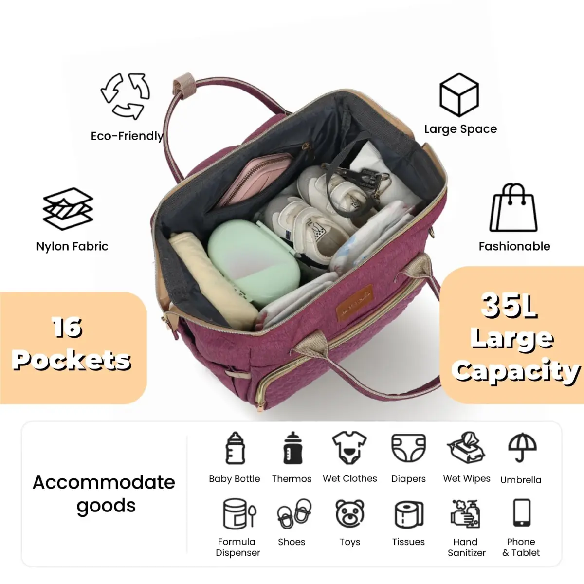 ROSEGIN Large Diaper Bag Backpack 35L (1.6 lbs) | Waterproof Quilted Travel Bag with Changing Pad & Stroller Straps - view 2