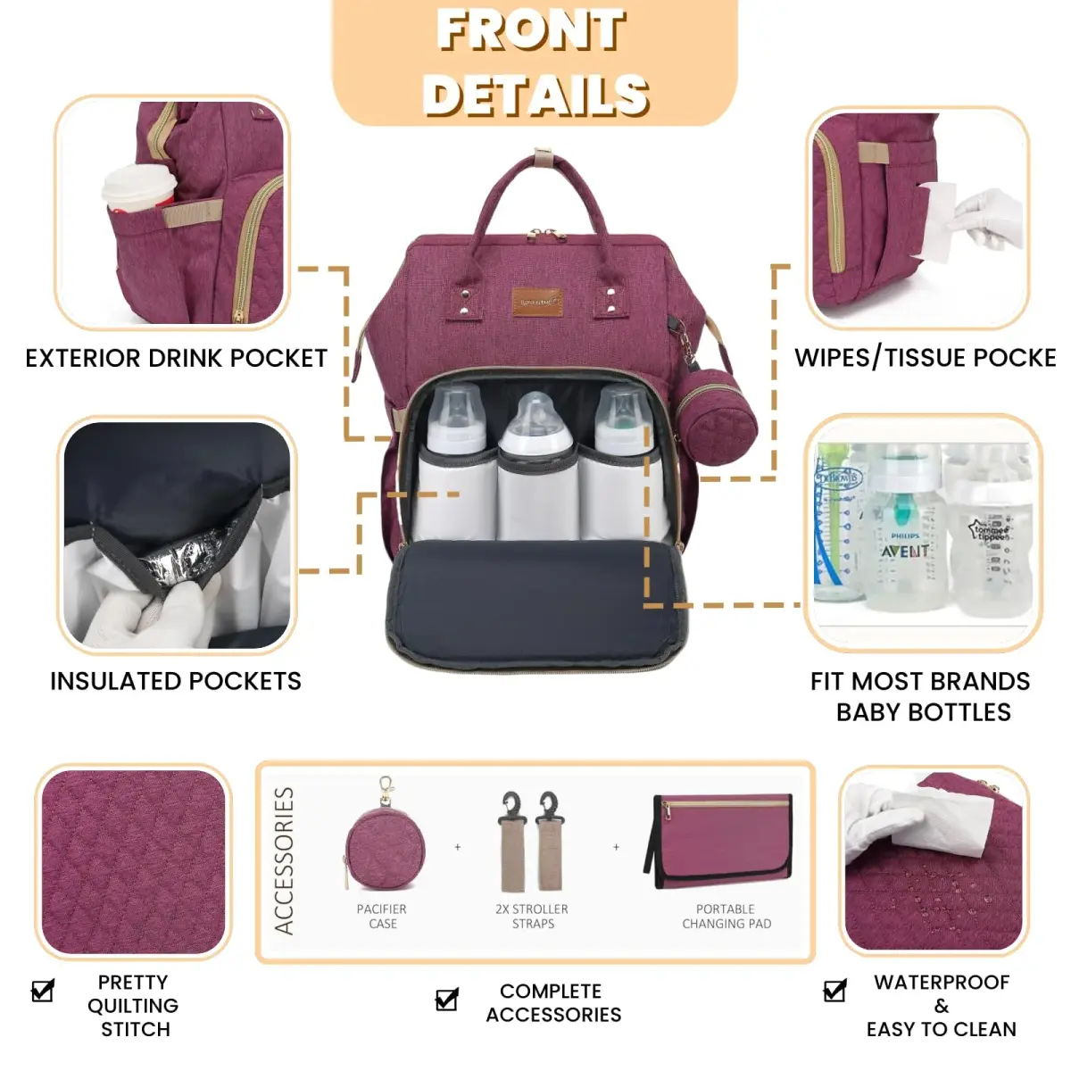 ROSEGIN Large Diaper Bag Backpack 35L (1.6 lbs) | Waterproof Quilted Travel Bag with Changing Pad & Stroller Straps - view 3