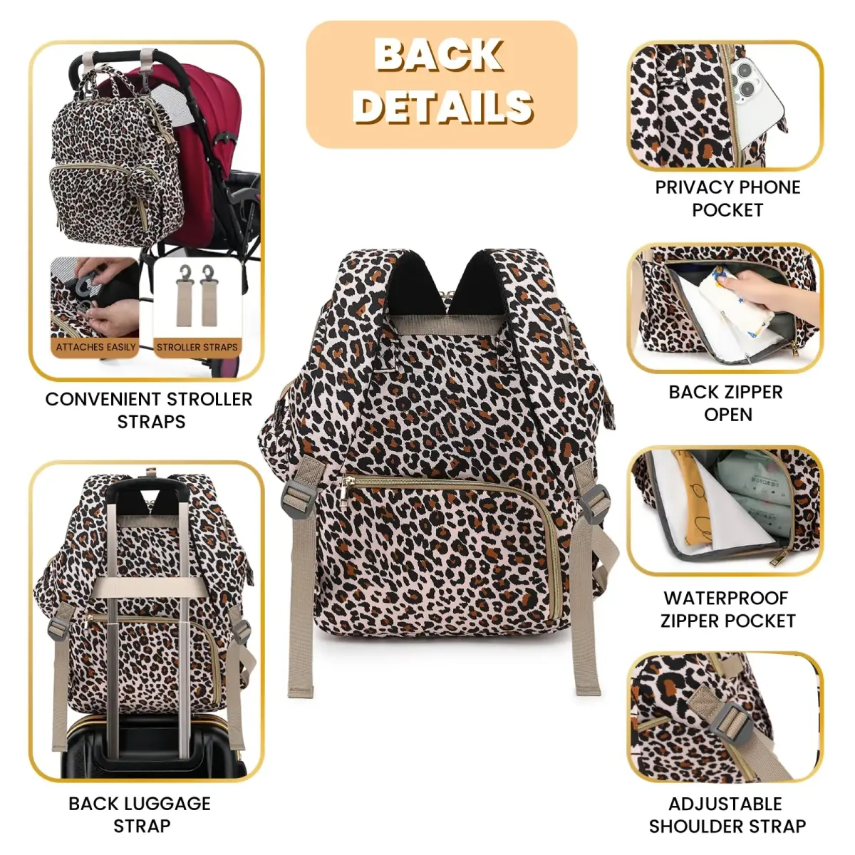 ROSEGIN Diaper Bag Backpack with Changing Pad & Pacifier Case, 35L Large, Waterproof, Cheetah Print | Unisex Travel Baby Bag - view 4