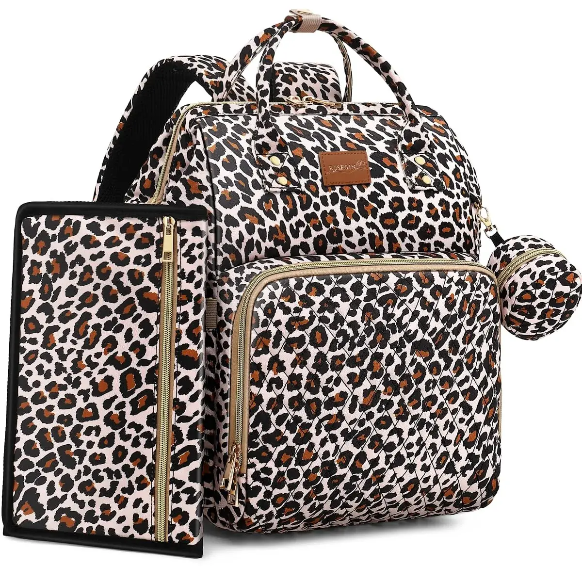 ROSEGIN Diaper Bag Backpack with Changing Pad & Pacifier Case, 35L Large, Waterproof, Cheetah Print | Unisex Travel Baby Bag - main product image