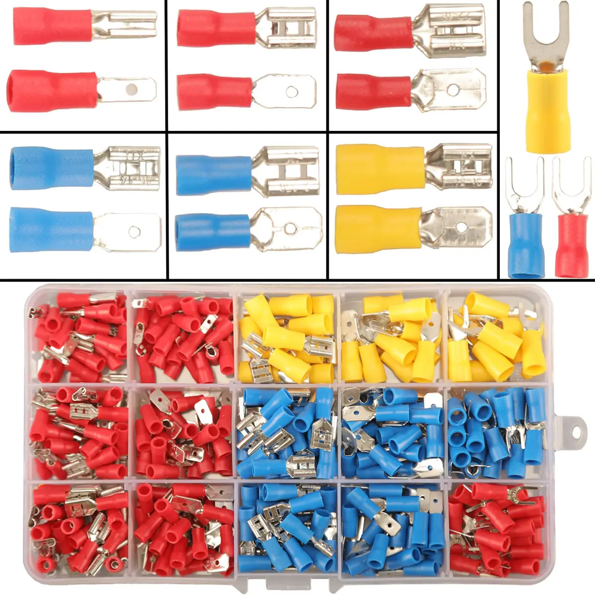 Feggizuli 330PCS Crimp Connectors, 2.8mm 4.8mm 6.3mm Male and Female Spade Connector kit, 15 Types Crimp Terminals Electrical Connectors, Electrical Terminals Includes Spade Ring Fork Wire Connectors | Copper, PVC, 330 pcs - main product image
