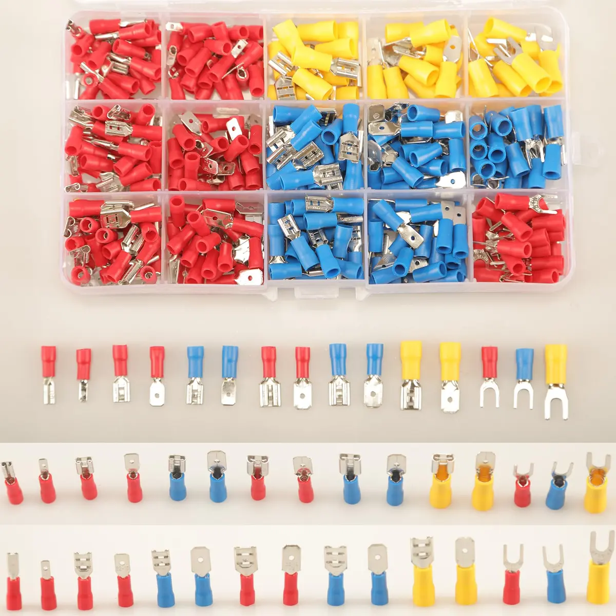Feggizuli 330PCS Crimp Connectors, 2.8mm 4.8mm 6.3mm Male and Female Spade Connector kit, 15 Types Crimp Terminals Electrical Connectors, Electrical Terminals Includes Spade Ring Fork Wire Connectors | Copper, PVC, 330 pcs - view 2