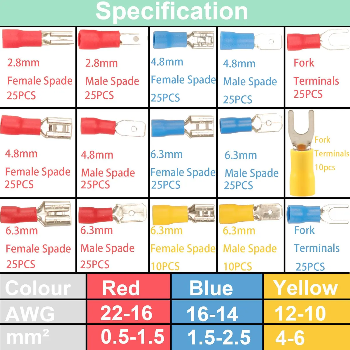 Feggizuli 330PCS Crimp Connectors, 2.8mm 4.8mm 6.3mm Male and Female Spade Connector kit, 15 Types Crimp Terminals Electrical Connectors, Electrical Terminals Includes Spade Ring Fork Wire Connectors | Copper, PVC, 330 pcs - view 3