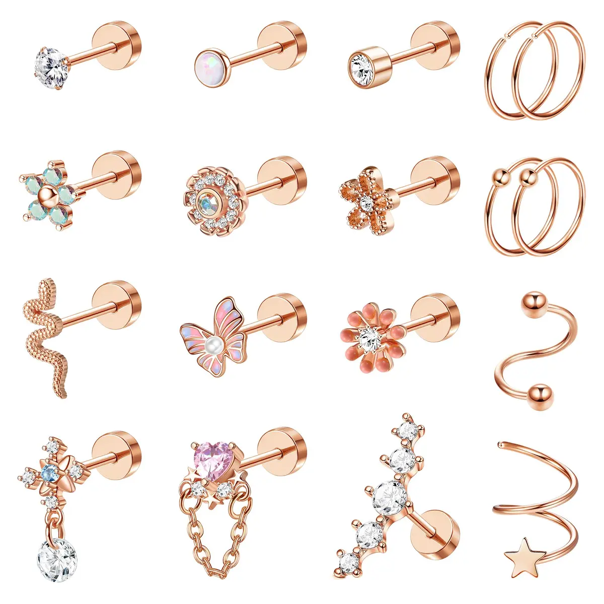 LOYALLOOK Cartilage Earring Stud for Women Opal Flat Back Rose Gold Tone | Minimalist Multi-Purpose Jewelry (70-120 chars) - main product image