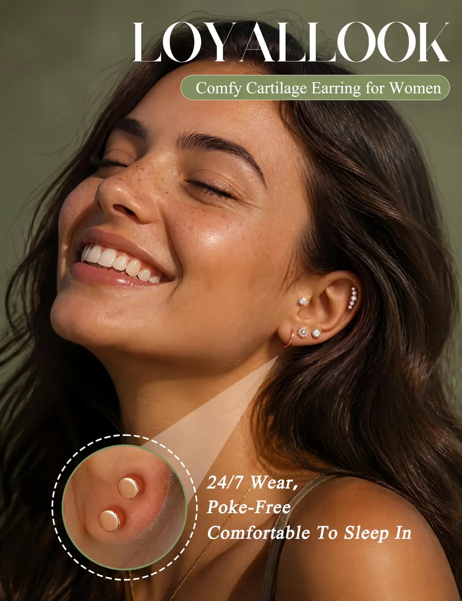 LOYALLOOK Cartilage Earring Stud for Women Opal Flat Back Rose Gold Tone | Minimalist Multi-Purpose Jewelry (70-120 chars) - view 2