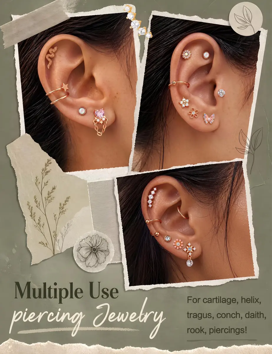 LOYALLOOK Cartilage Earring Stud for Women Opal Flat Back Rose Gold Tone | Minimalist Multi-Purpose Jewelry (70-120 chars) - view 4