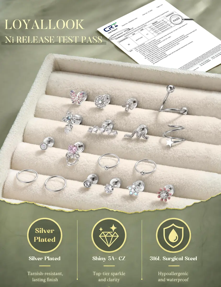 LOYALLOOK 18PCS Cartilage Earring Stud Set | Opal Flower CZ Flat Back Minimalist Jewelry - view 5