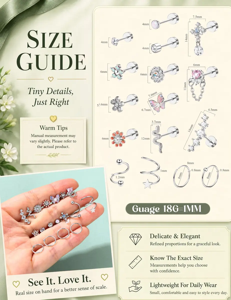 LOYALLOOK 18PCS Cartilage Earring Stud Set | Opal Flower CZ Flat Back Minimalist Jewelry - view 6