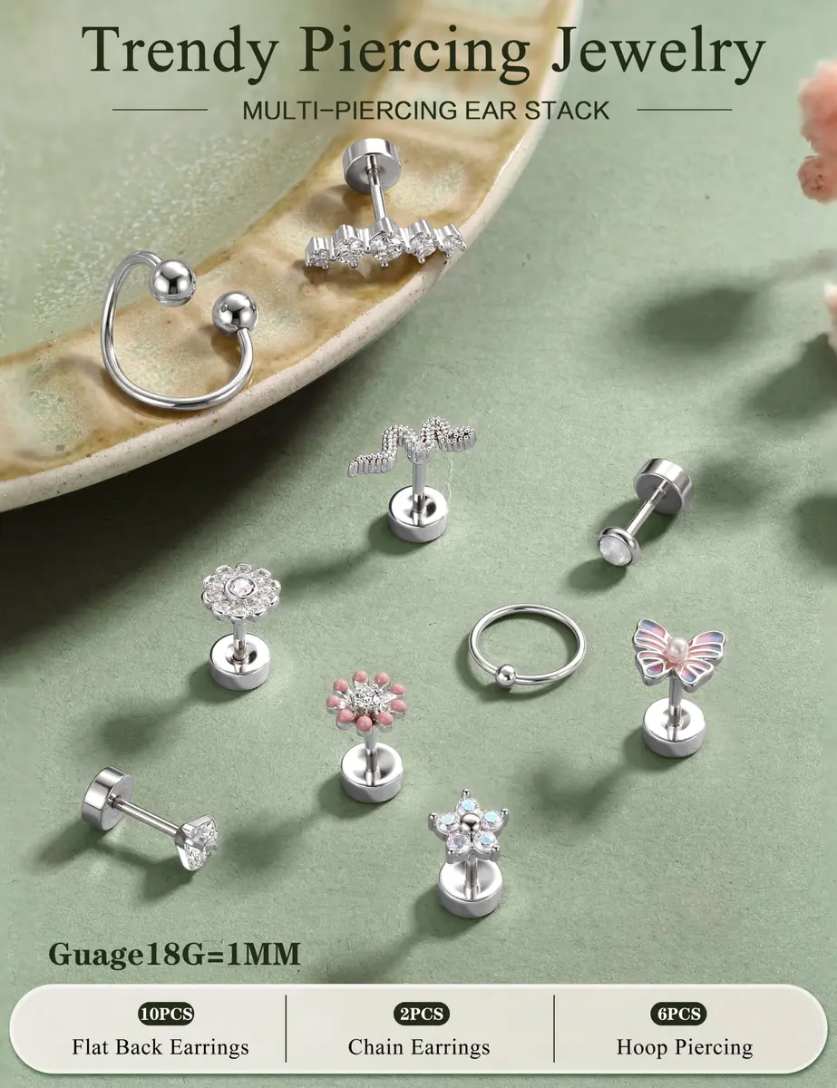 LOYALLOOK 18PCS Cartilage Earring Stud Set | Opal Flower CZ Flat Back Minimalist Jewelry - view 7