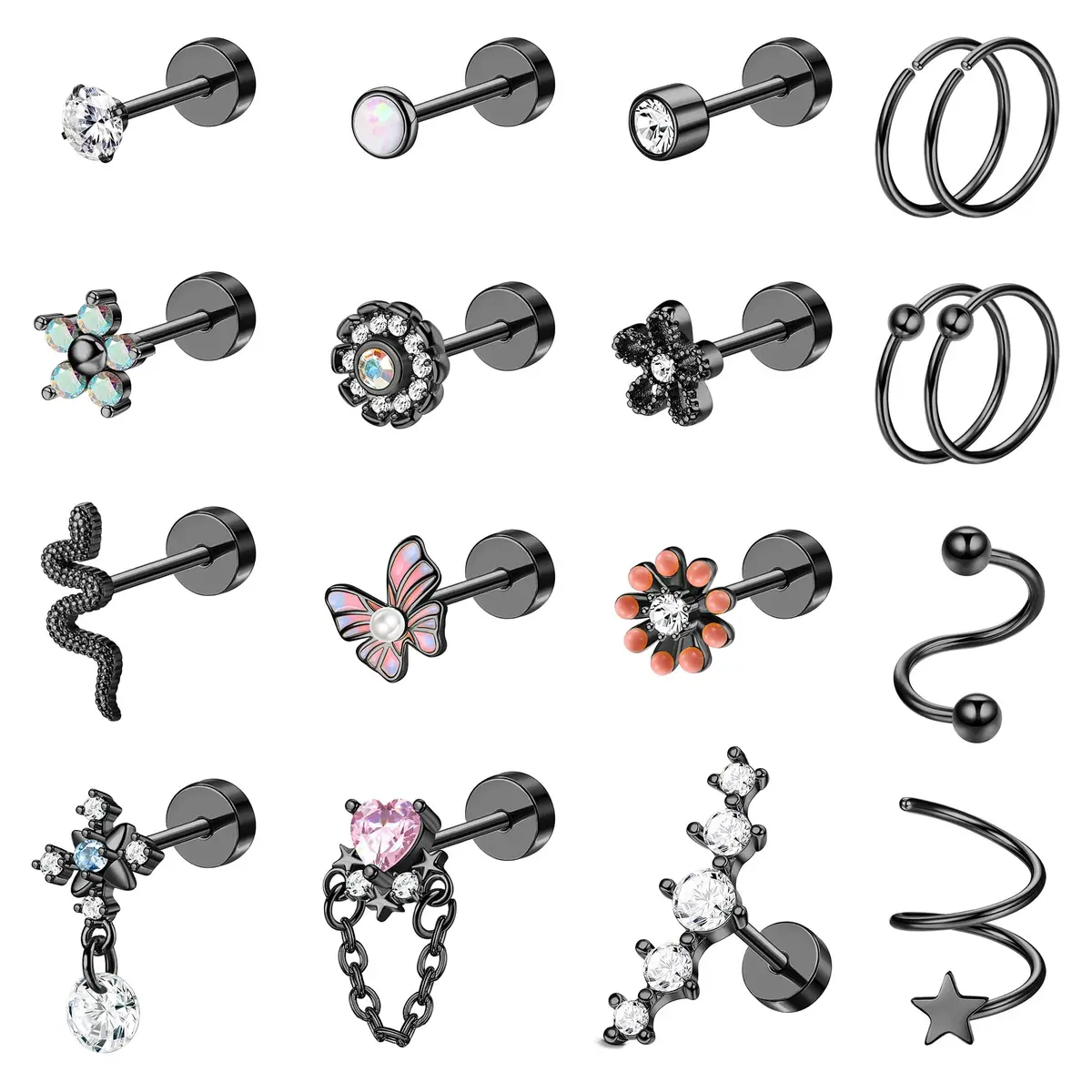 LOYALLOOK 18pcs Cartilage Earring Set Black Tone | Minimalist Look for Multiple Piercings - main product image
