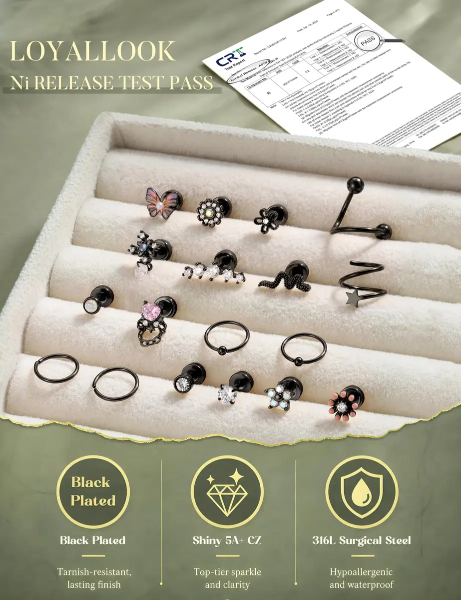 LOYALLOOK 18pcs Cartilage Earring Set Black Tone | Minimalist Look for Multiple Piercings - view 5