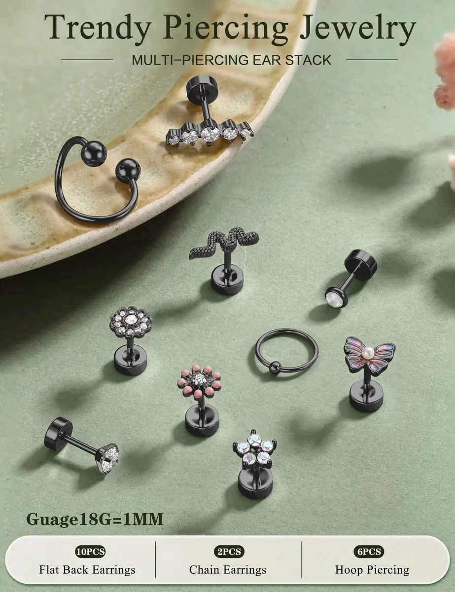 LOYALLOOK 18pcs Cartilage Earring Set Black Tone | Minimalist Look for Multiple Piercings - view 7