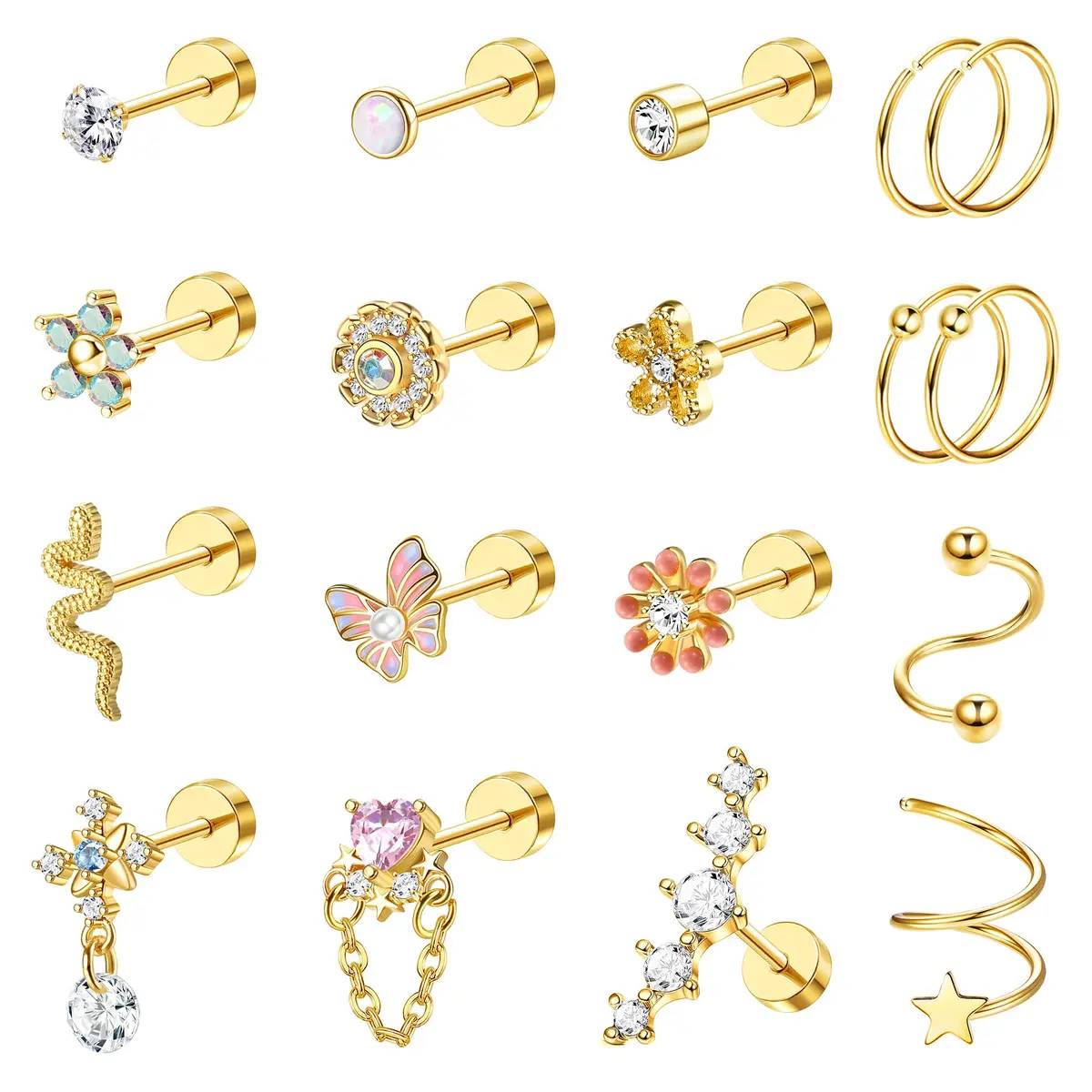LOYALLOOK Cartilage Earring Stud for Women 14K Gold Plated Opal Flat Back Earrings | Multi-Purpose, Hypoallergenic, 8mm - main product image
