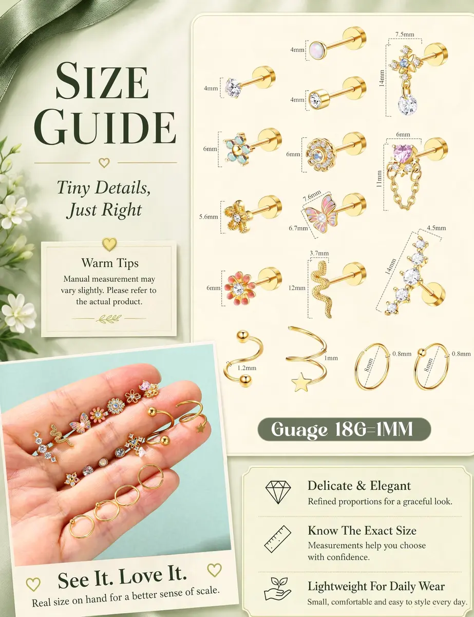 LOYALLOOK Cartilage Earring Stud for Women 14K Gold Plated Opal Flat Back Earrings | Multi-Purpose, Hypoallergenic, 8mm - view 6