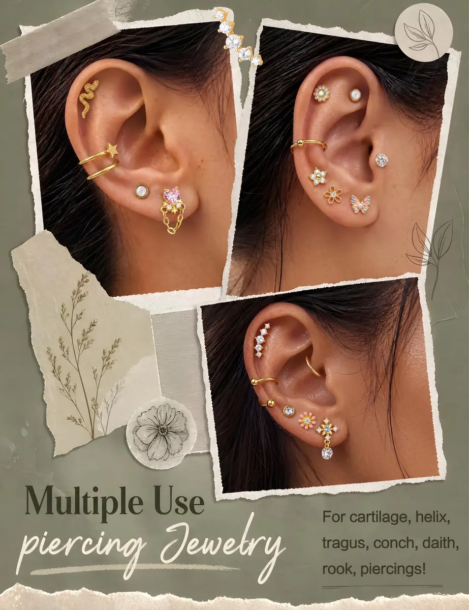 LOYALLOOK Cartilage Earring Stud for Women 14K Gold Plated Opal Flat Back Earrings | Multi-Purpose, Hypoallergenic, 8mm - view 4