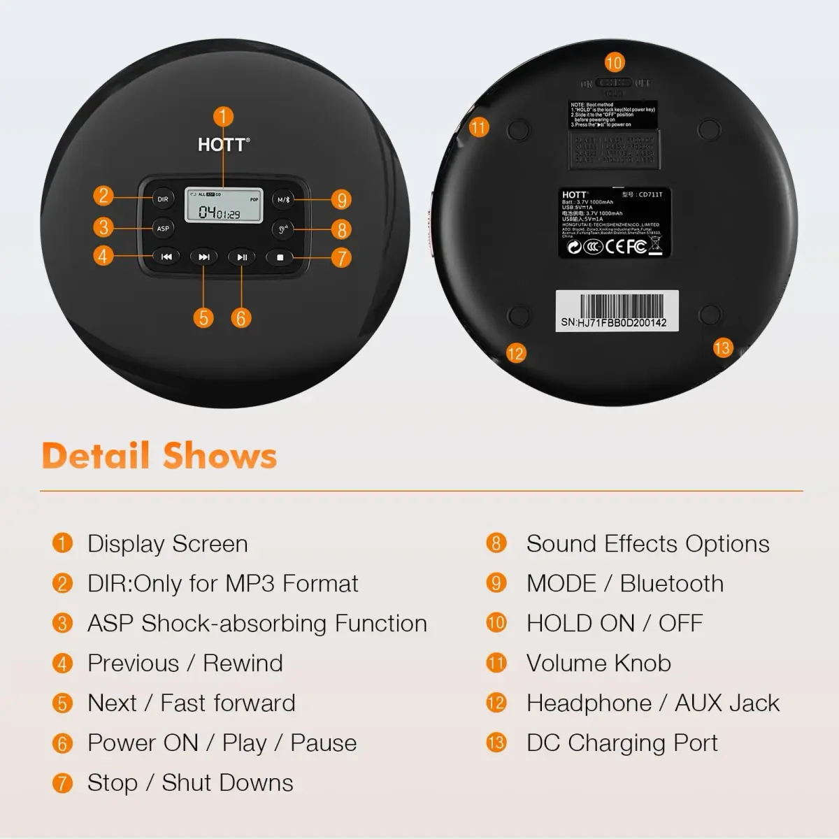 QDZ CD711T Portable CD Player with Bluetooth, USB Rechargeable, 12-Hour Playback | 15.6 cm (5.63 in) Discman with Anti-Shock - view 7