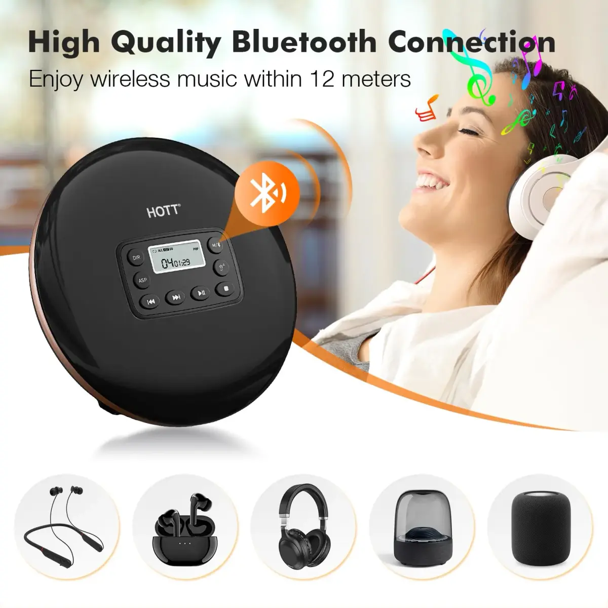 QDZ CD711T Portable CD Player with Bluetooth, USB Rechargeable, 12-Hour Playback | 15.6 cm (5.63 in) Discman with Anti-Shock - view 2