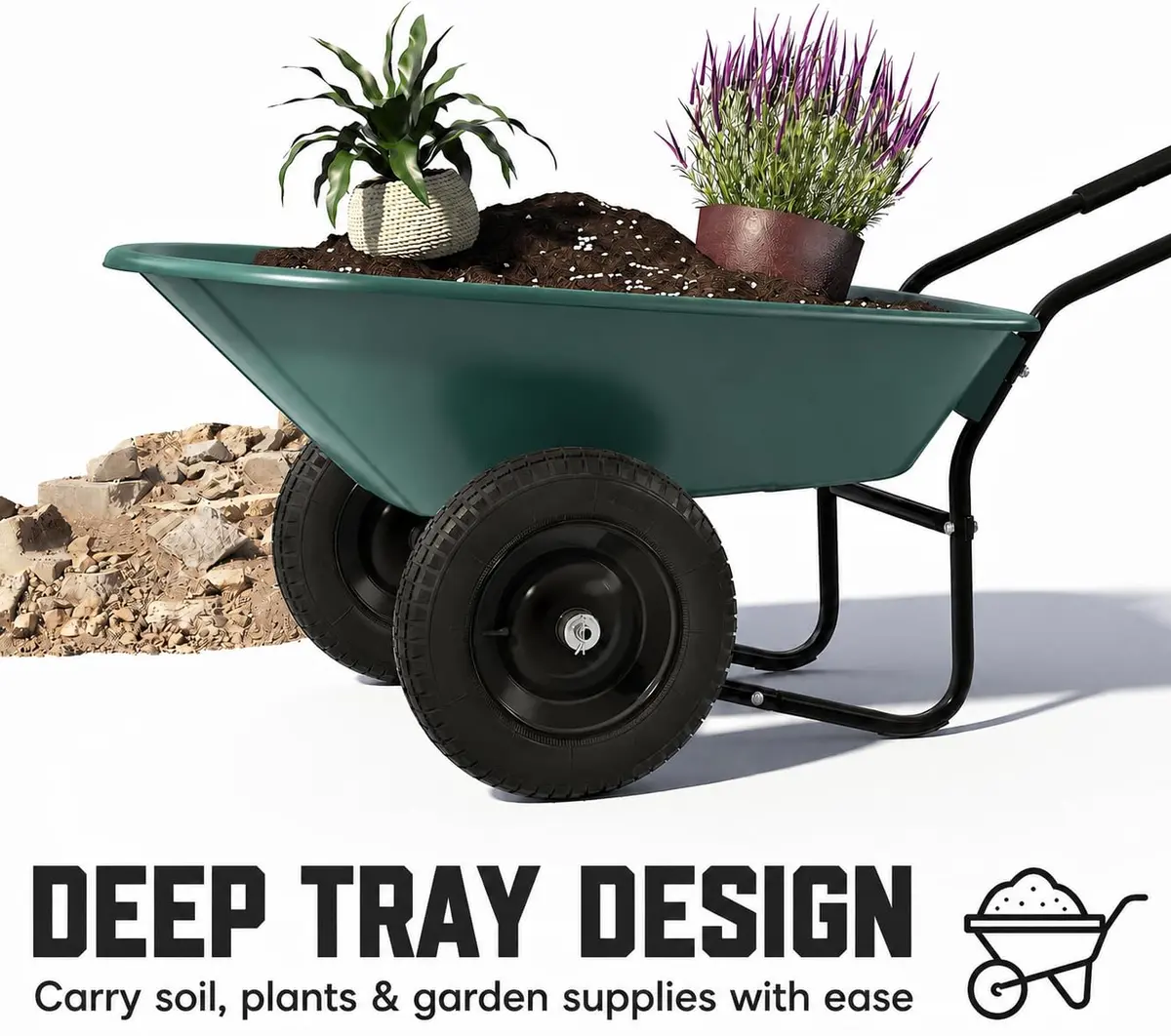 ARNOT Enlarged Dual-Wheel Wheelbarrow | Heavy Duty Garden Cart for Lawn & Farm, Green - view 2