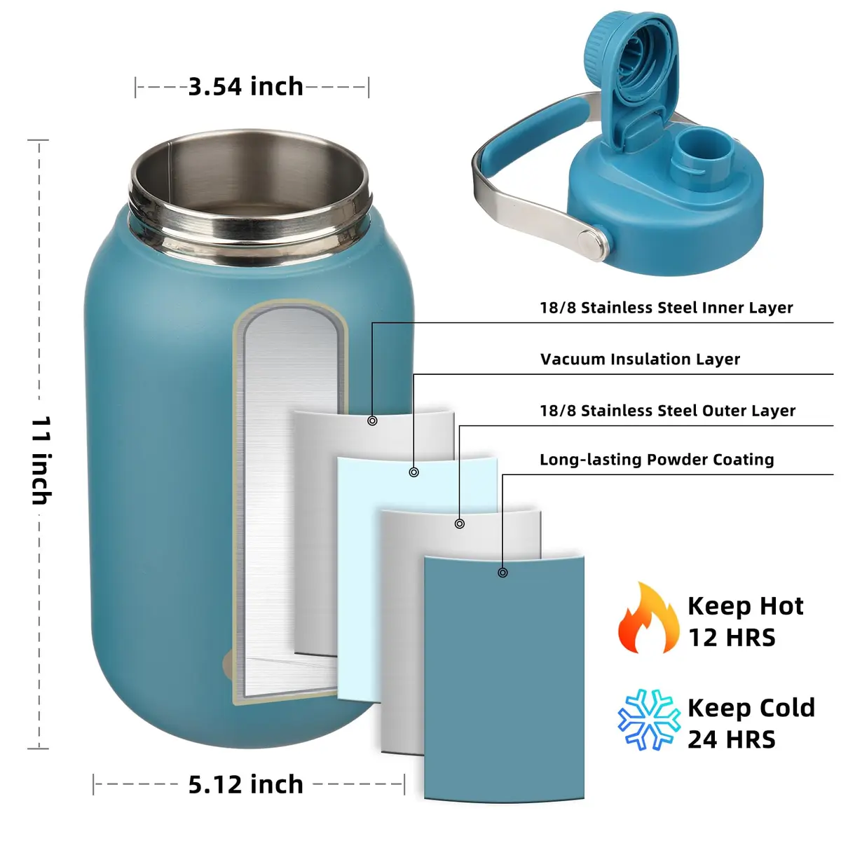 BJPKPK 64oz Insulated Water Bottle | Double Wall Stainless Steel, Leakproof, BPA-Free, 24H Cold/12H Hot - view 3