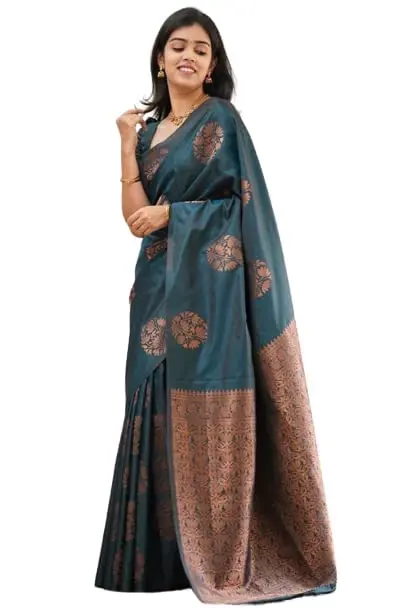 Yashika Women's Banarasi Cotton Silk Jacquard Saree With Blouse Piece, Rama, 5.2m (5.7yd) | Traditional Indian Festive Wear - view 2